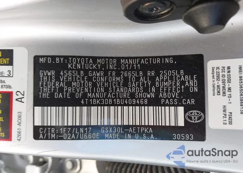 2011 Toyota Avalon Limited z USA, uszkodzony, nr VIN 4T1BK3DB1BU409468